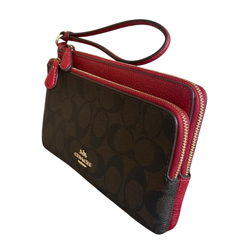 COACH C5576 Brown Signature Canvas 1941 Red Leather Double Zip Wristlet Wallet - Picture 3 of 9